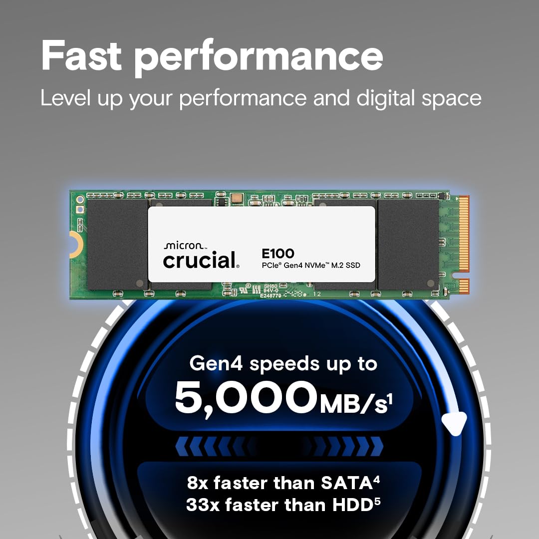 CRUCIAL E100 480GB PCIE GEN4 2280 NVME M.2 SSD CT480E100SSD8 - Image 2