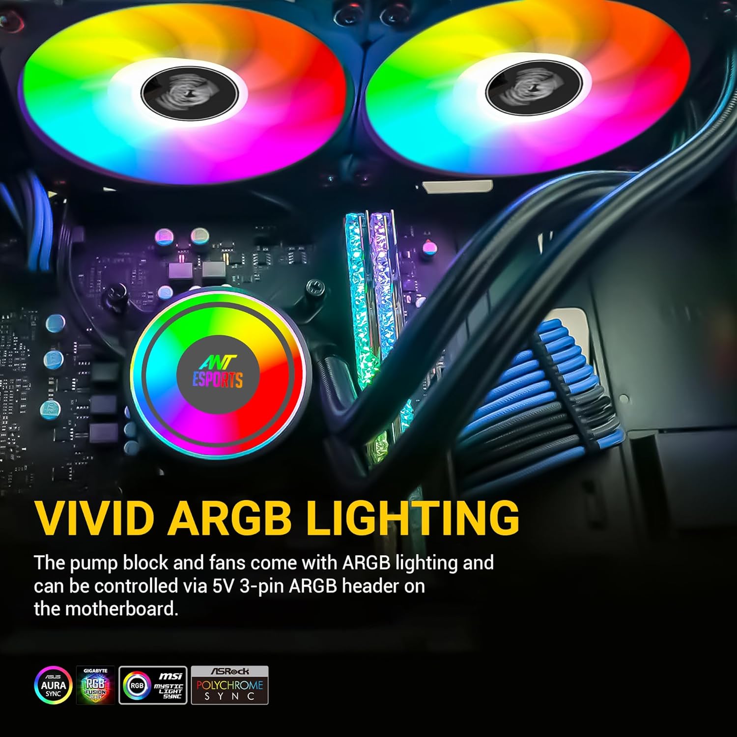 ANT ESPORTS ICE-240 ARGB 240MM AIO LIQUID COOLER BLACK - Image 3